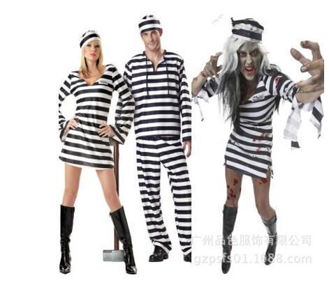BFJFY Halloween Couple Striped Prisoner Cosplay Costume For Men And Women - bfjcosplayer