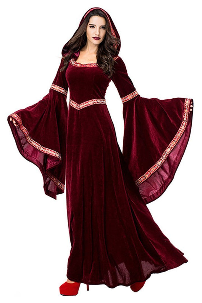 BFJFY Women's Wine Red Vampire Halloween Costume Medieval Court Retro Robe Dress - bfjcosplayer