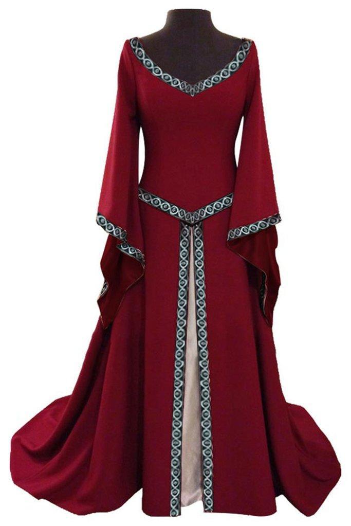 BFJFY Women V Neck Long Sleeve Medieval Long Dress Halloween Cosplay Costume - bfjcosplayer