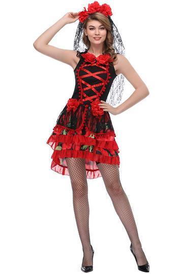 BFJFY Womens Sexy Black Red Bride Dress Halloween Dress Up Costume - bfjcosplayer